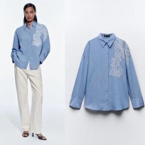 ZARA Blue Striped Embroidered Shirt – Size M (NWT)